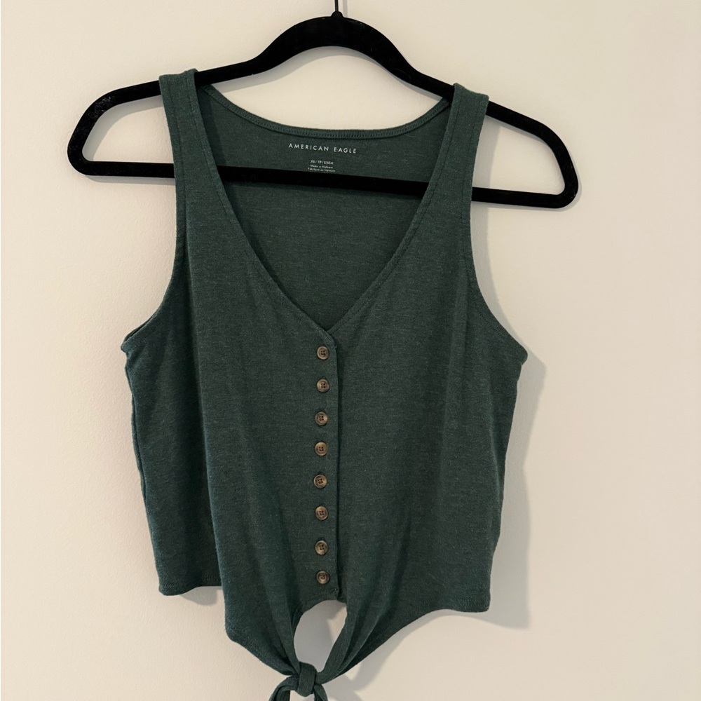 American Eagle Outfitters Tie-Front Button-Up Crop Top - XS - Dark Green
